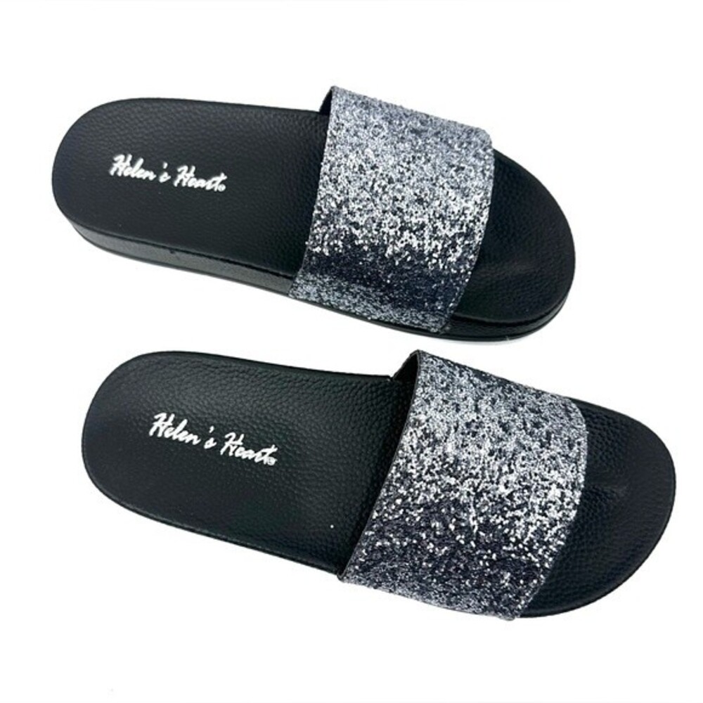 NWT Helen’s Heart Black and Gray Glitter Slide Sandals Sz 6
